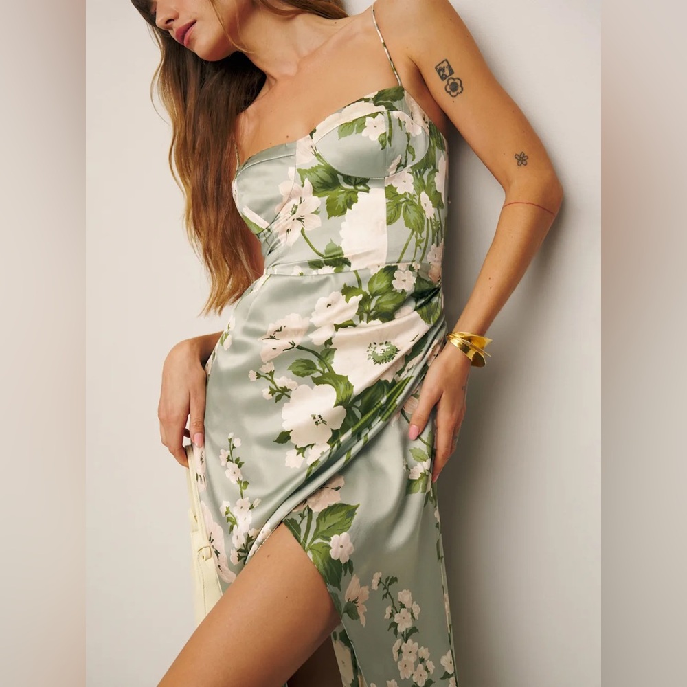 Reformation Floral Satin Midi Slip Dress Spaghetti Strap Side Slit